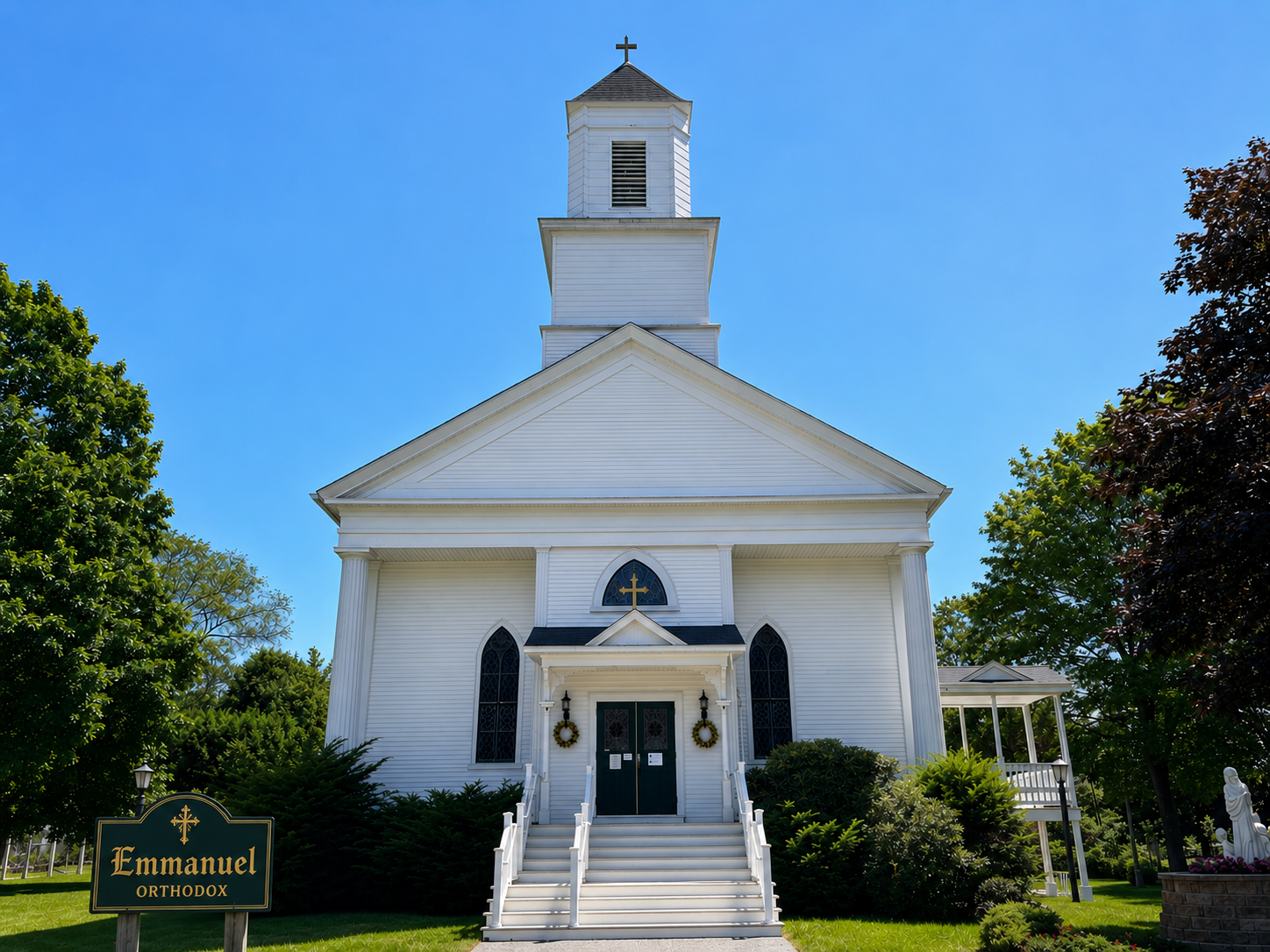 Emmanuel Orthodox Church — a white New England-style church with a steeple and cross, where every Maddie's Warriors bracelet is blessed.